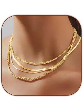 Herringbone Necklace for Women Dainty 14k Gold Plated Snake Chain Choker